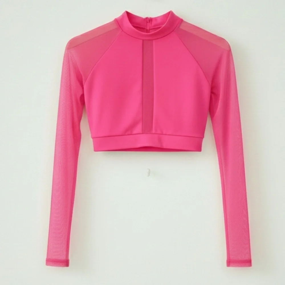 Baltogs Pink High Neck Mesh Long Sleeve Crop Top High Waisted Briefs Dance Set